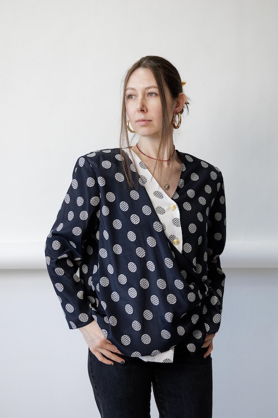 80s navy wrap blouse chevron polka dots contrast trim gold button top, size Large