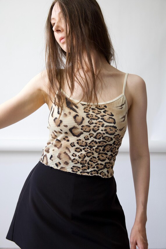 Y2K Leopard Print Mesh Cami Top Vintage Size S