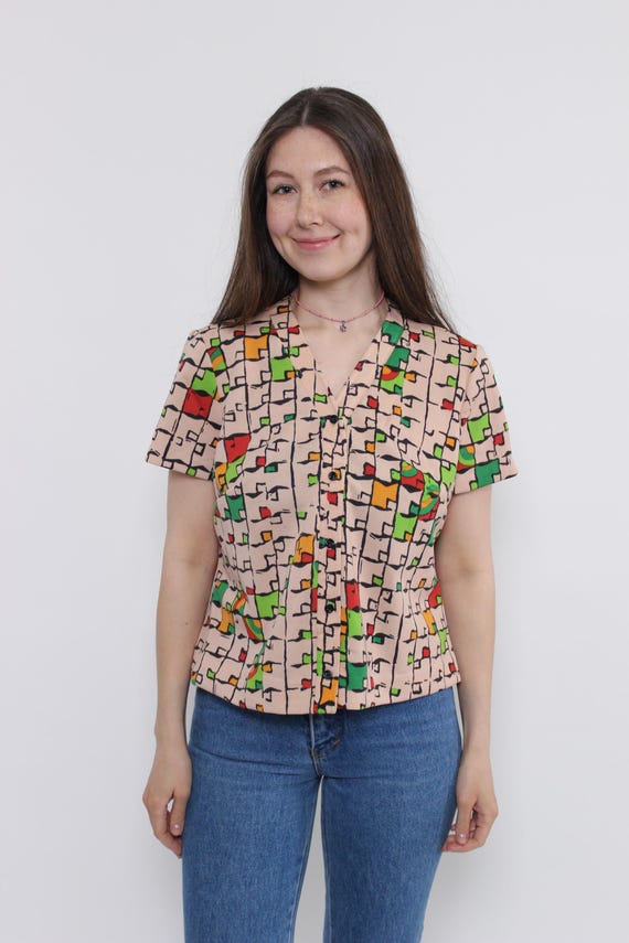 80s abstract print cropped blouse, vintage v-neck artsy pattern blouse, Size M