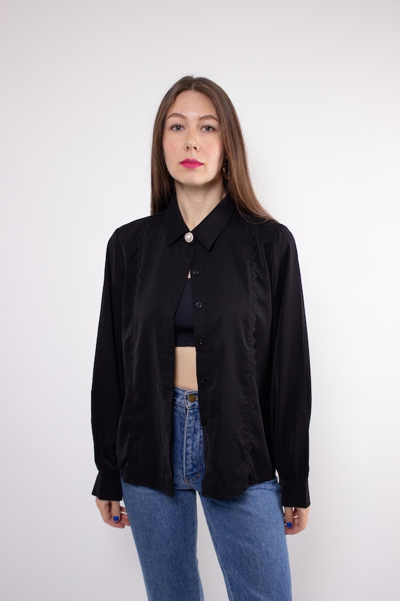 90s Black Blouse Pearl Button Decorative Trim Vintage Satin Button Up Collared Size M