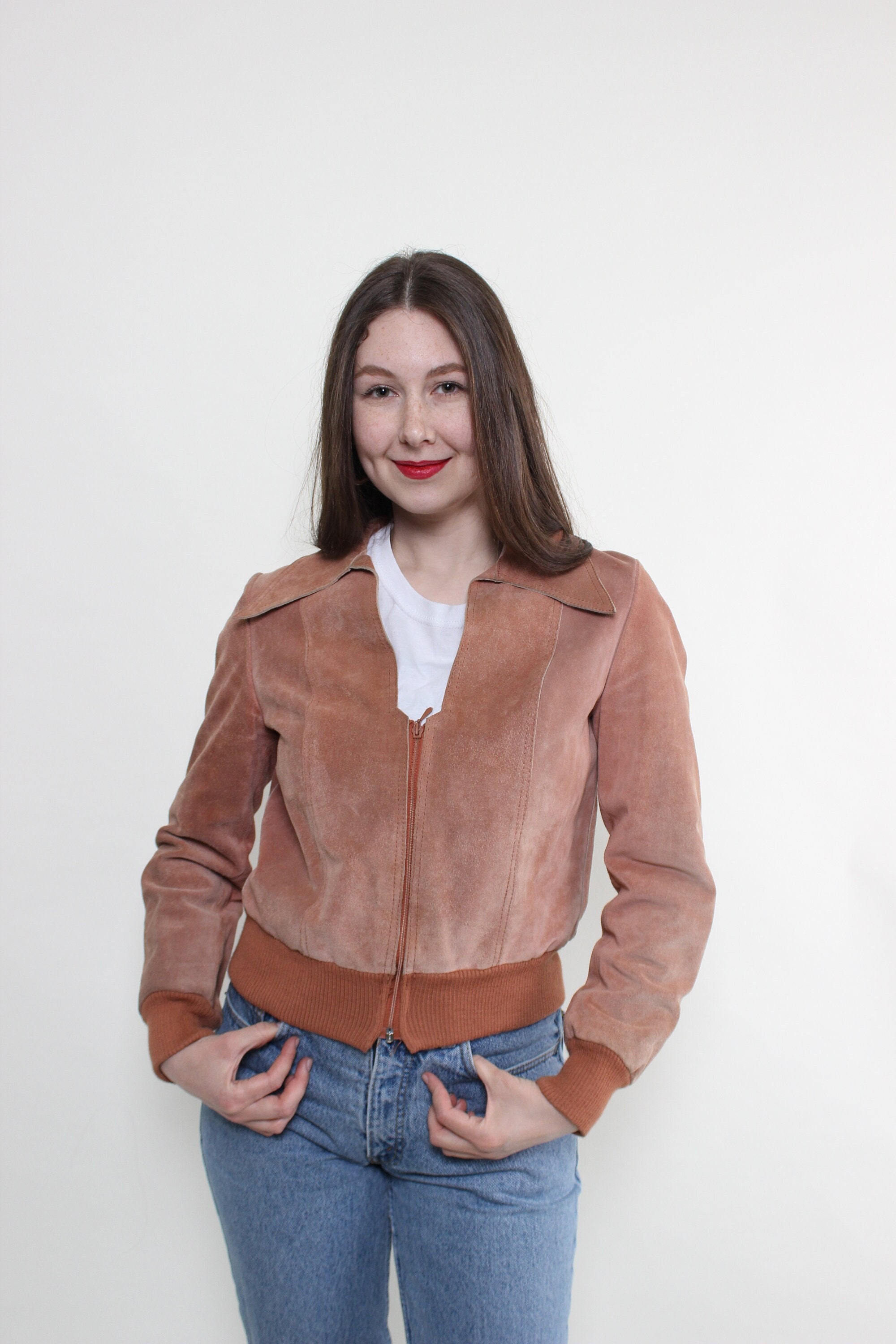 80s Suede Bomber Jacket, Vintage Leather Crop Jacket, Pastel 