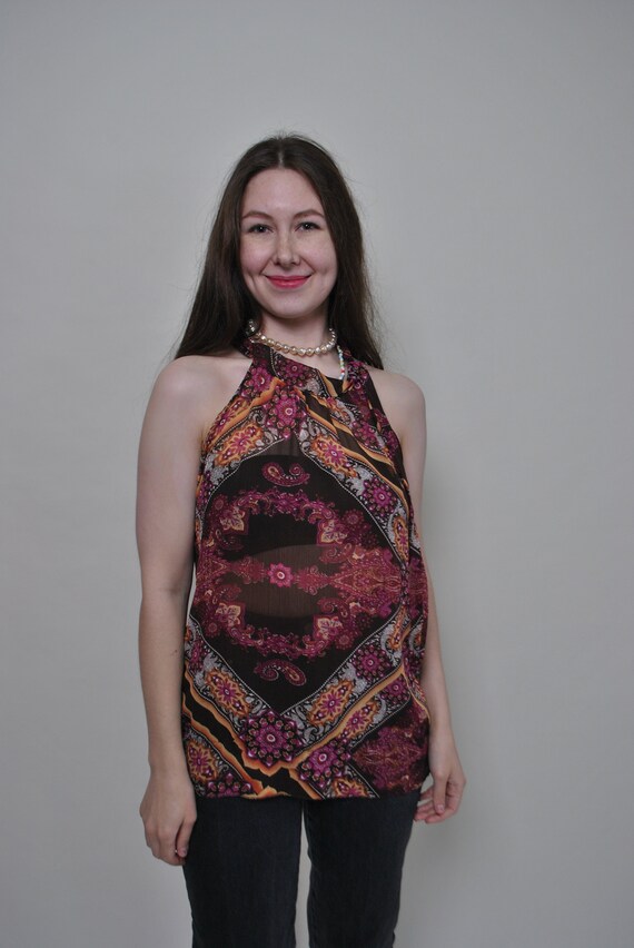 Y2k paisley print mesh blouse, 00s vintage sleeveless flowers blouse, Size M