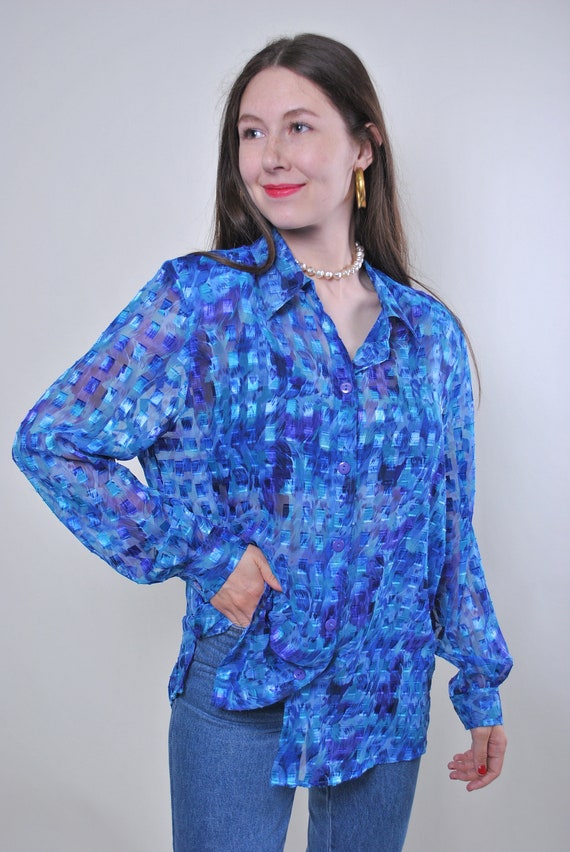 Women vintage blue plaid pattern long sleeve blous