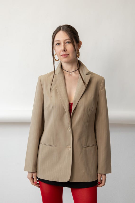 90s Beige Pinstripe Blazer Vintage Tailored Notch Lapel Longline Office Jacket Size M
