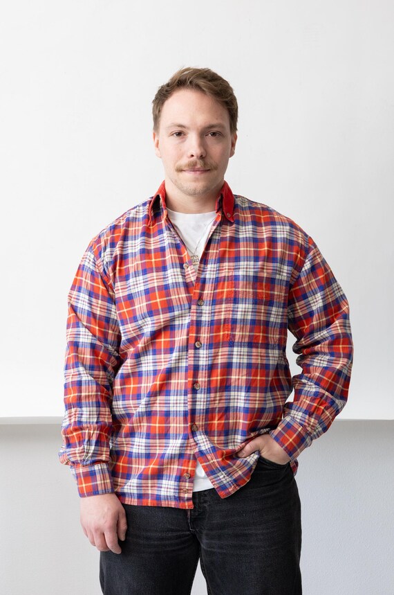 90s Corduroy Collar Red Plaid Flannel Shirt Vintage Tartan Cotton Button Up Size M