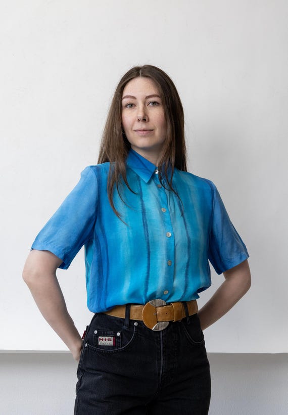90s Blue Watercolor Blouse Vintage Tie Dye Stripe Viscose Shirt Size M