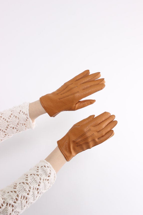 90s Faux leather gloves, vintage women brown gloves, Size S