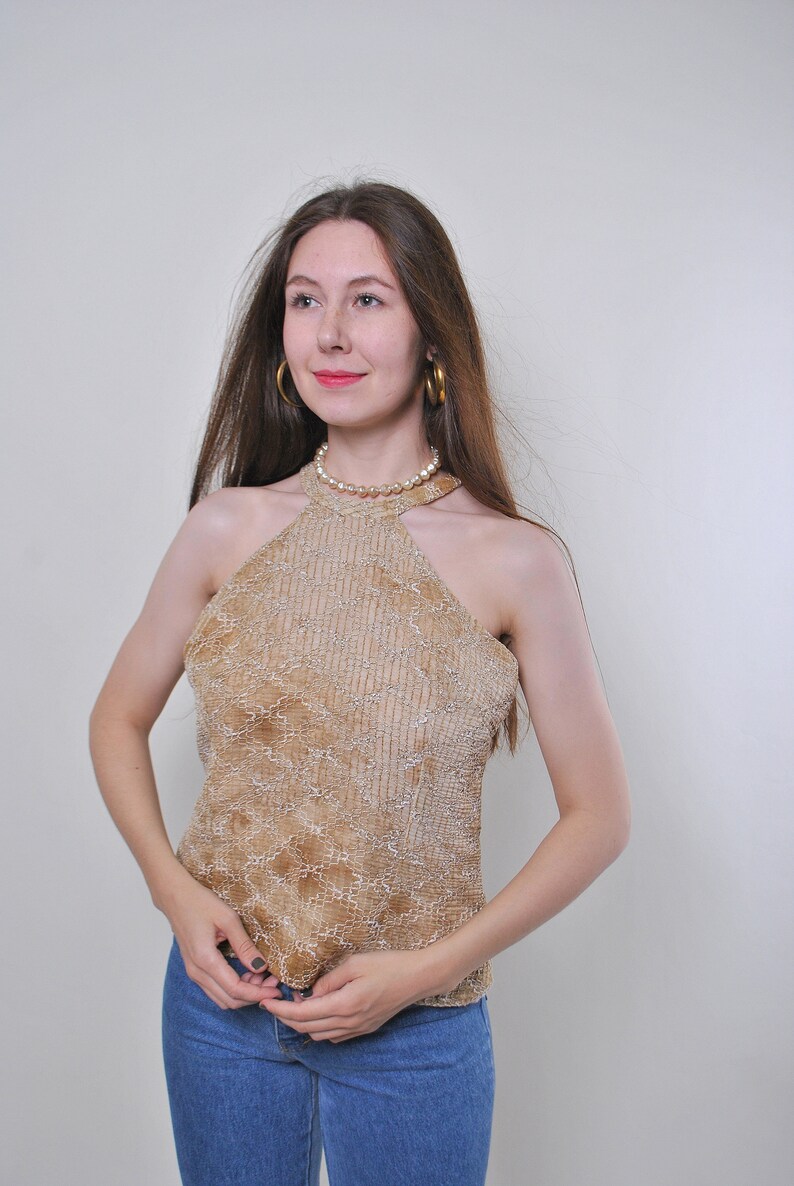 80s vintage evening brown sleeveless blouse with pattern Size M