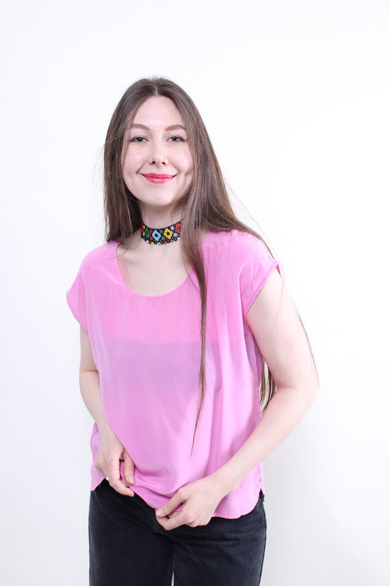 Vintage silk sheer blouse, 90s pink pullover top , Size XL