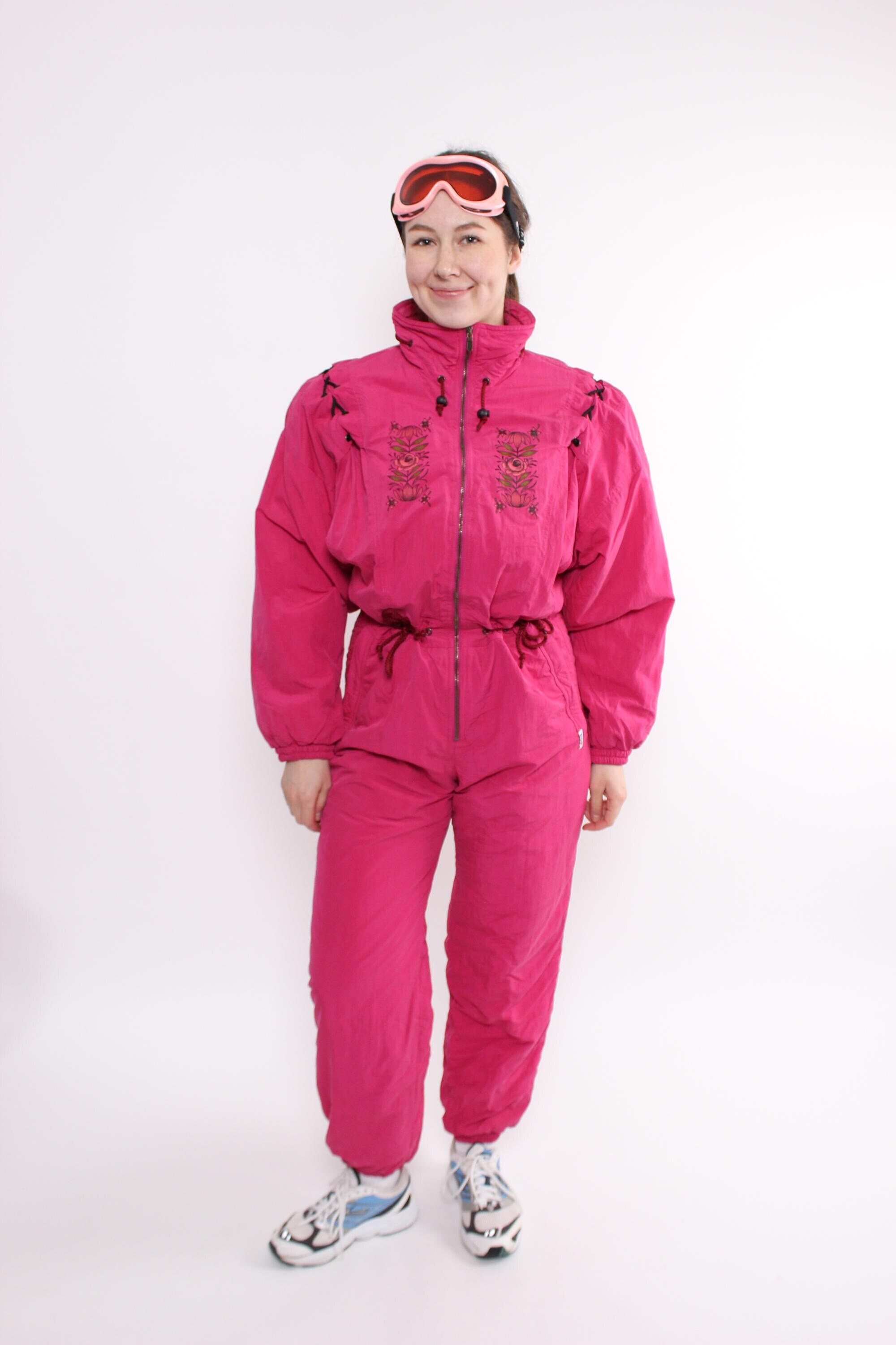 80er Jahre VdeV einteiliger Skianzug, Vintage pinker Schneeanzug, Retro all in one Winteroverall, Größe M