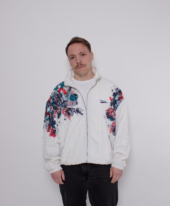 Vintage 90s Windbreaker Jacket, White Sport Track Jacket L XL Retro Streetwear