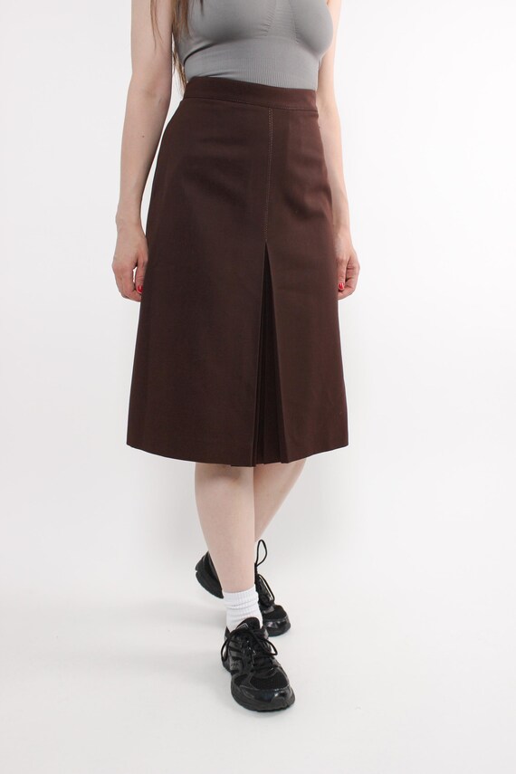 90s brown midi skirt, vintage pleated polyester skirt with front kick pleat, Size M