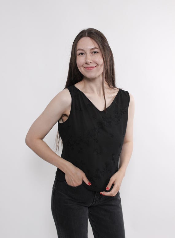 Vintage Black Beaded Floral Tank Top, Embroidered Sleeveless Blouse, Y2K Minimalist Party Shirt