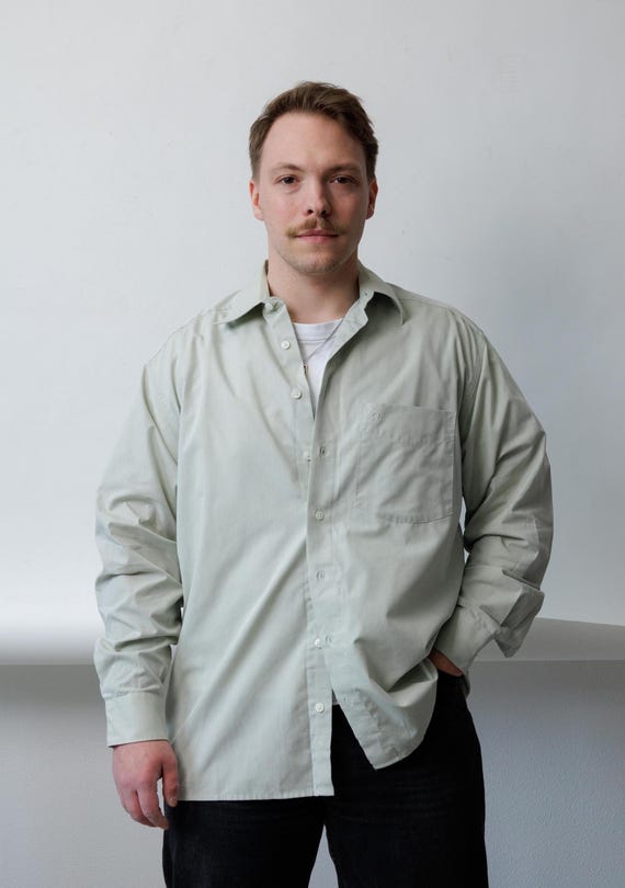 Sage Green Dress Shirt 90s Long Sleeve Cotton Minimalist Oversized Mens L