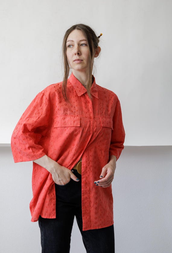 90s Coral Eyelet Shirt Broderie Anglaise Camp Collar Vintage Oversized Cotton Blouse Large