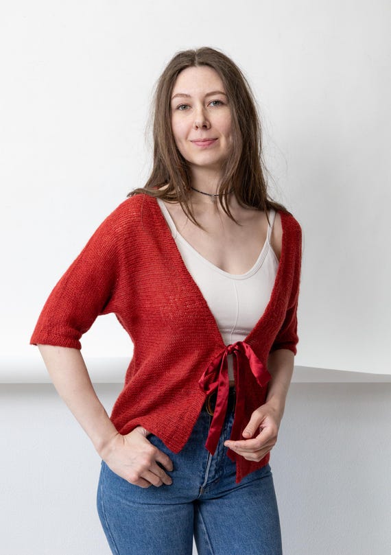 Y2K Red Open Knit Top Ribbon Bow Tie Front Coquette Balletcore Cardigan Size XS