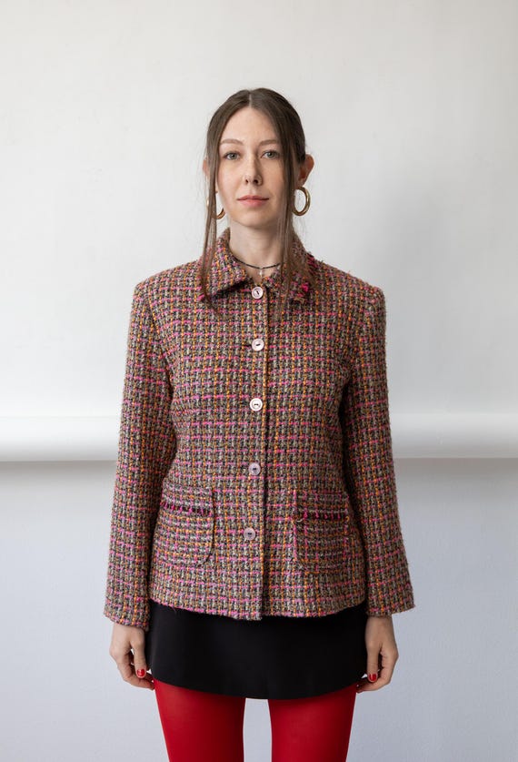 90s Pink Orange Tweed Boucle Jacket Vintage Wool Check Fringe Pocket Blazer Size M
