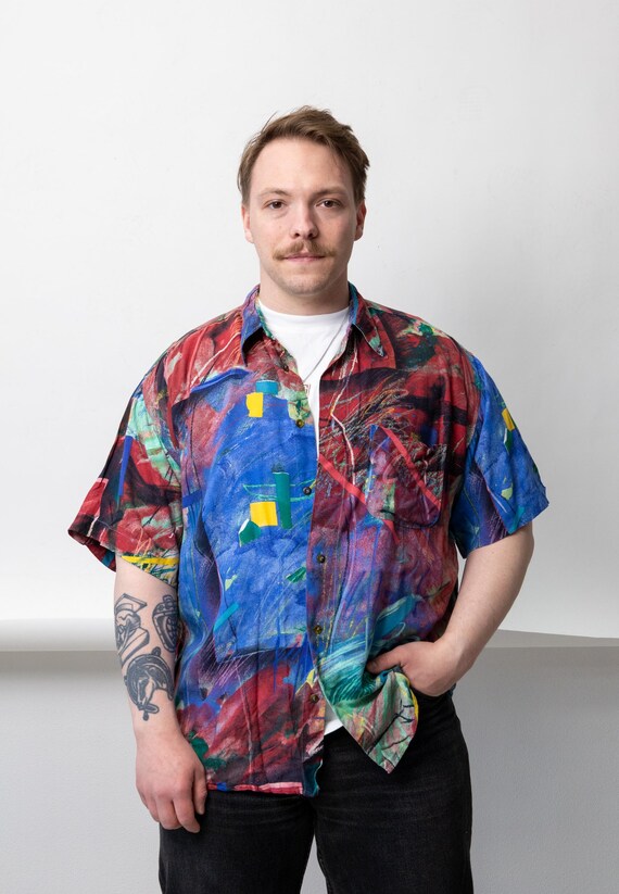 80s Abstract Art Print Shirt Vintage Colorful Camp Collar Short Sleeve Size L