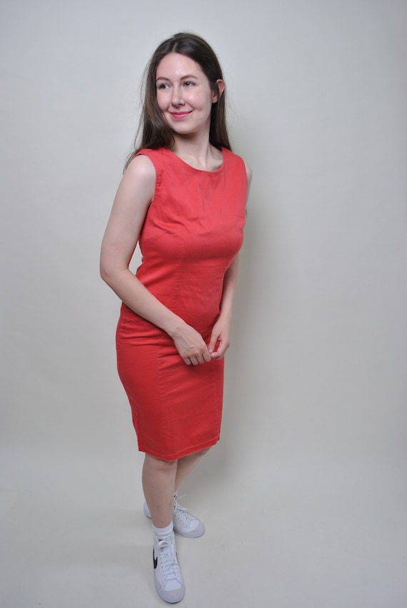 Red Sheath Dress Midi Sleeveless Italian Summer Old Money 90s Size M