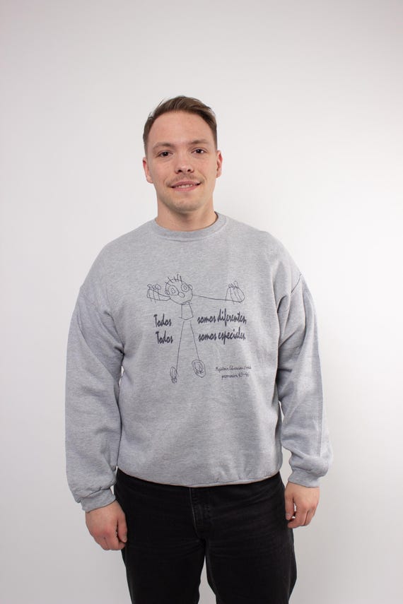 90s Sweatshirt Vintage Kid Drawing Spanish Slogan Grey Crewneck Pullover Size L