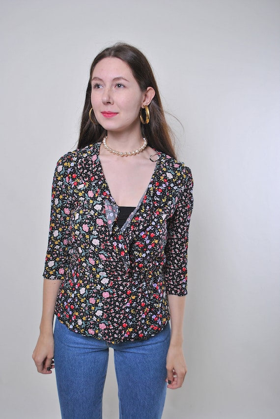 90s Floral Blouse: Vintage Black V-Neck Bow Tie, Size S