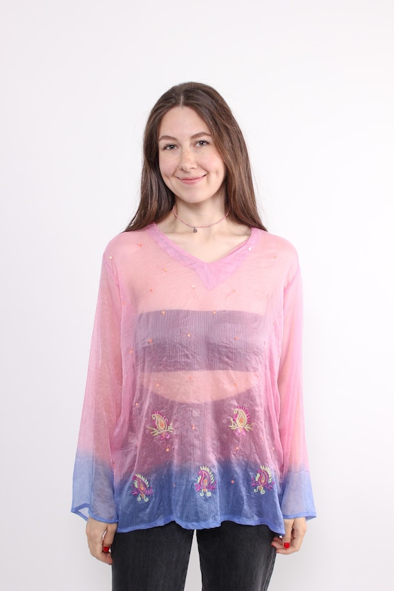 90s Vintage Sheer Pink Blouse, Embroidered Mesh Top, Gradient Paisley, Size L