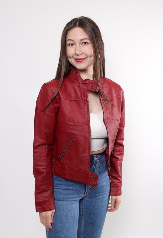 Y2K Red Leather Jacket Cropped Vintage Moto Racer Stand Collar Zip Up Size M