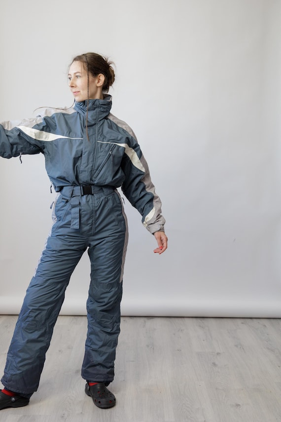 Slate Blue Colorblock Belted Vintage Ski Suit Jumpsuit with Hood Size M