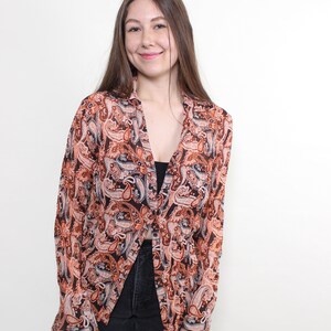 90s paisley print blouse, vintage sheer printed blouse in brown color, Size M