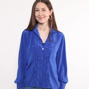 90s blue ruffle blouse, vintage minimalist puff sleeve blouse, Size M