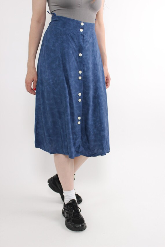 90s Denim Blue Button Front Midi Skirt Vintage Mottled Shell A Line Size S