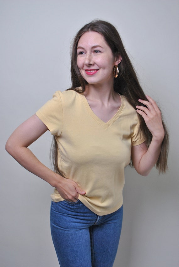90s Butter Yellow V Neck Tee Vintage Minimalist Cotton Basic Top Size L