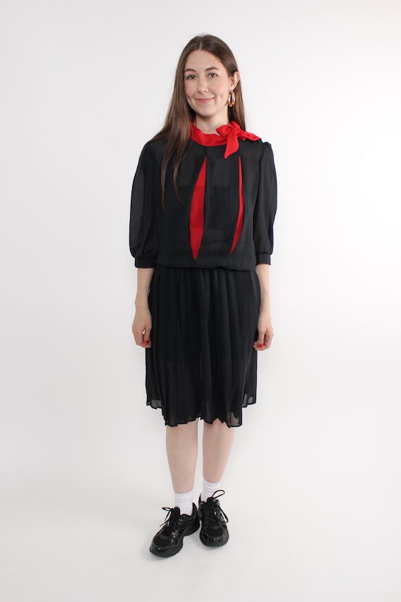90s Black Midi Dress with Red Bow Tie Neck Sheer Pleated Goth Style