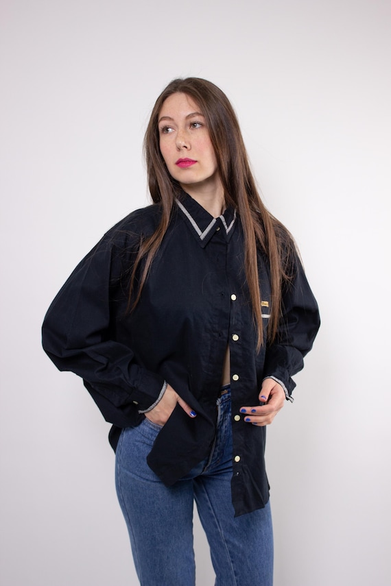 90s black cotton shirt Woodpecker Vintage oversized casual button up Size L