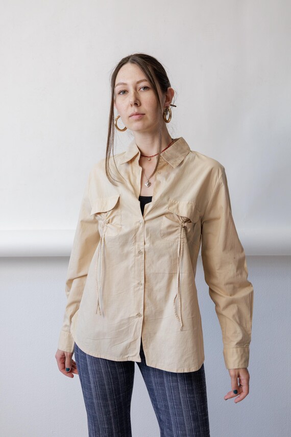 90s Beige Cotton Shirt Vintage Drawstring Ruched Waist Long Sleeve Blouse Size L