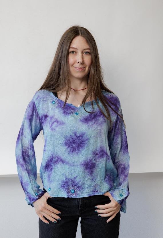 90s Tie Dye Boho Blouse Vintage Purple Blue Beaded Shimmer Slouchy Top Size M