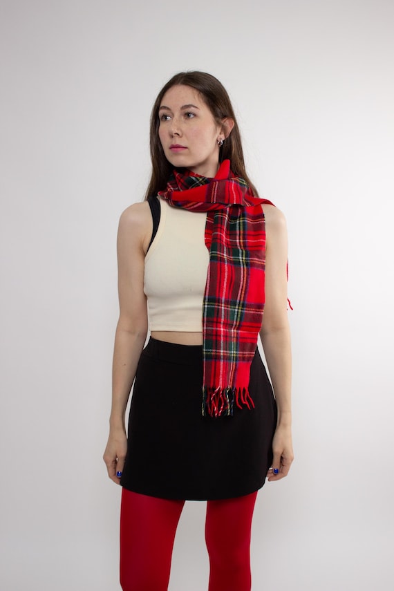 Vintage 90s Red Tartan Plaid Scarf – Soft Check Scarf with Fringe