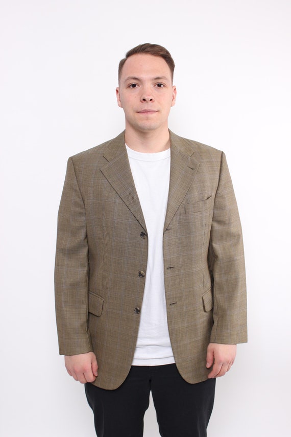 Vintage 80s Wool Plaid Blazer - Brown Three Button Jacket, Size M