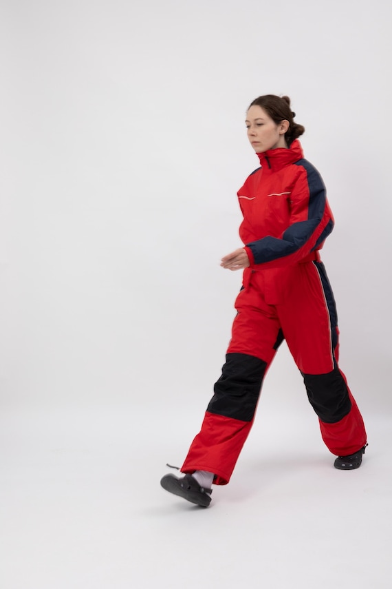 90s Rucanor Red Navy Ski Suit Knee Panels Hooded Belted Snowsuit M/L