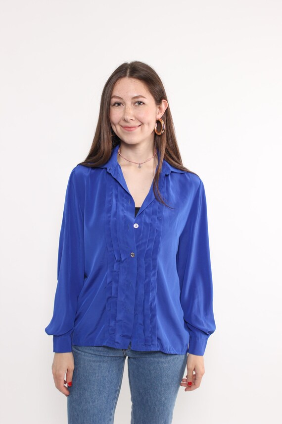 90s Cobalt Blue Pintuck Blouse Vintage Long Sleeve Satin Pleated Front Collared Top Medium