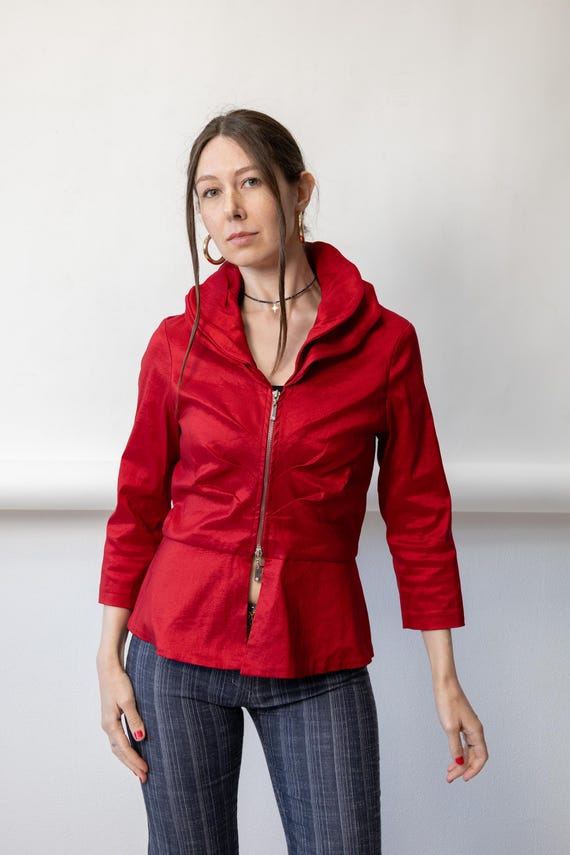 Frank Lyman Red Taffeta Jacket Blouse, Cowl Collar Zip Up Peplum Top, S