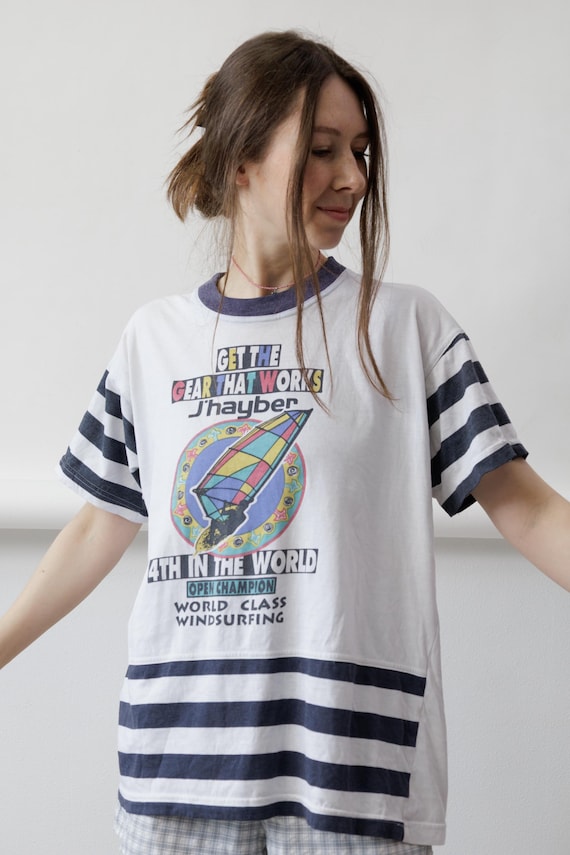 90s Windsurfing Graphic Tee Navy Striped Sleeves Ringer Neck Surf L