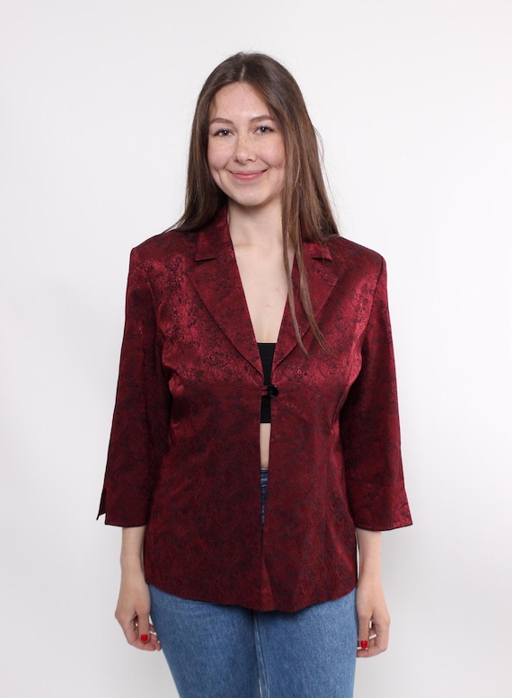 90s Burgundy Brocade Jacket  Vintage Three Quarter Sleeve Notched Lapel Blazer Size M