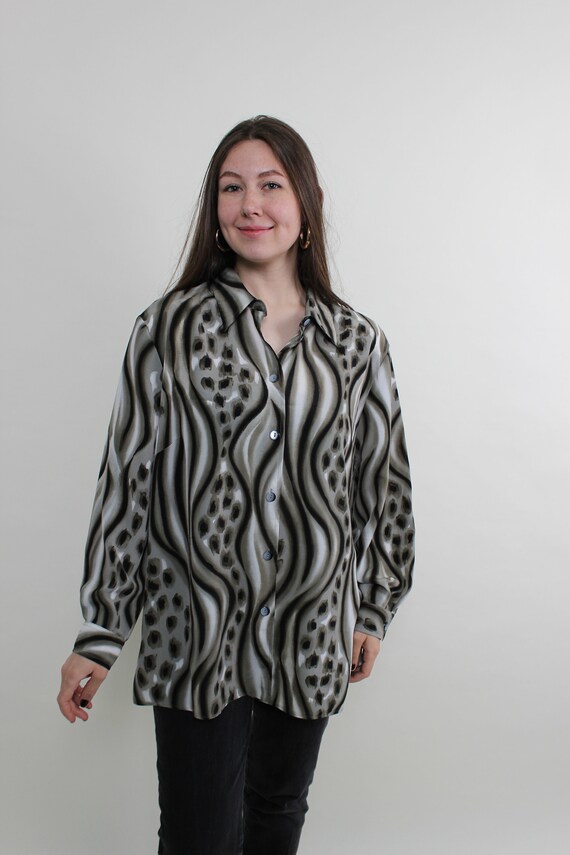 Olive Satin Blouse 80s Vintage Wave Animal Print Oversized Button Up Shirt Size XL