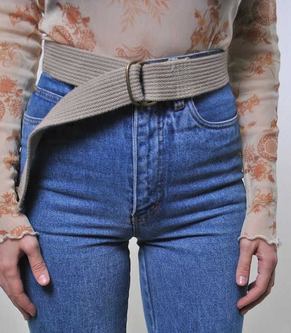 Beige Webbing Belt Double D Ring Tan Cotton Long Minimalist Unisex Vintage