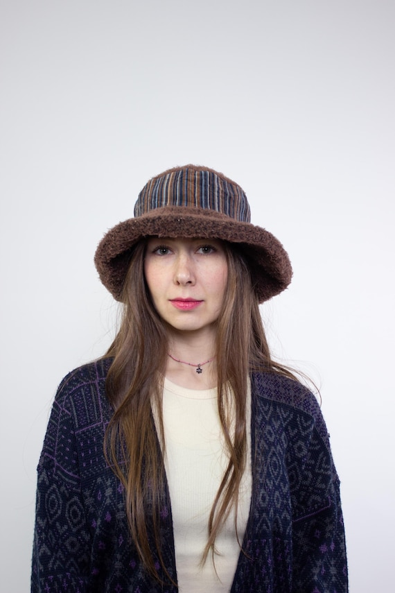Vintage Fuzzy Bucket Hat Made in France, 90s Brown Striped Retro Cap