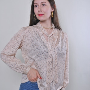 Vintage bow tie collar blouse, 90s abstract print sheer blouse with puff sleeve, Size L