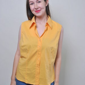 90s sleeveless button front blouse in orange, vintage summer relaxed fit blouse, Size L