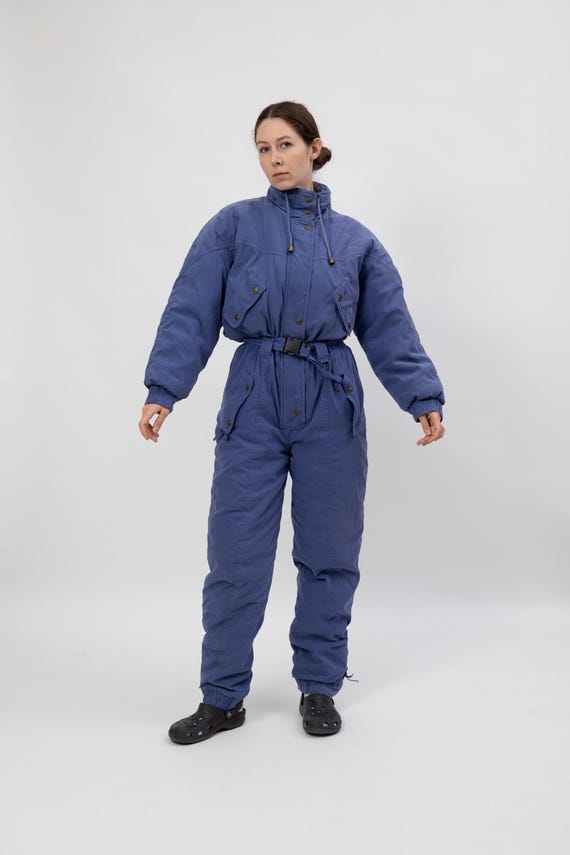 80s Periwinkle Blue Ski Suit Brass Snap Pockets Belted Snowsuit M/L