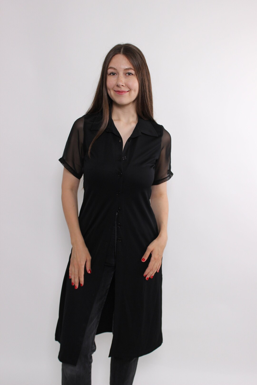 Vintage Sheer Colour Block Long Sleeve Blouse